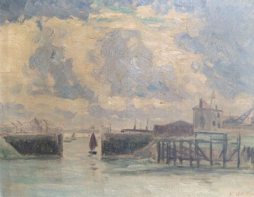 VIEW OF A HARBOUR ANTIQUE OIL PAINTING