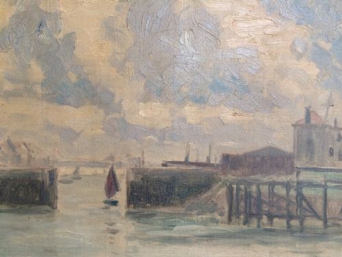 VIEW OF A HARBOUR ANTIQUE OIL PAINTING - ADDITIONAL PHOTO 4