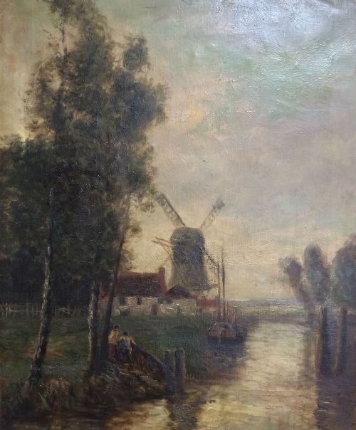 River Landscape with Windmill - Oil Painting