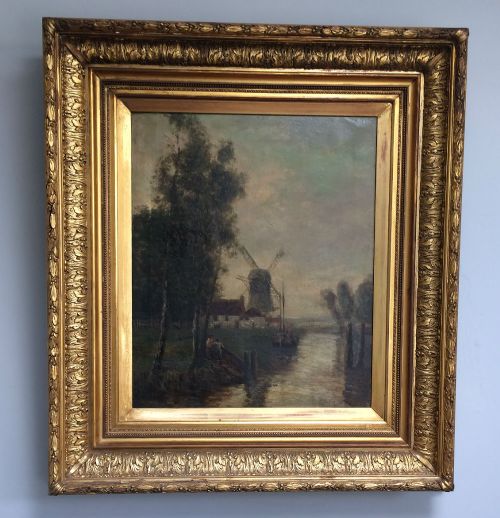 fig 1. River Landscape with Windmill - Oil Painting