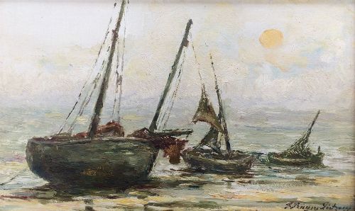 Boats on a Beach - Antique Oil Painting