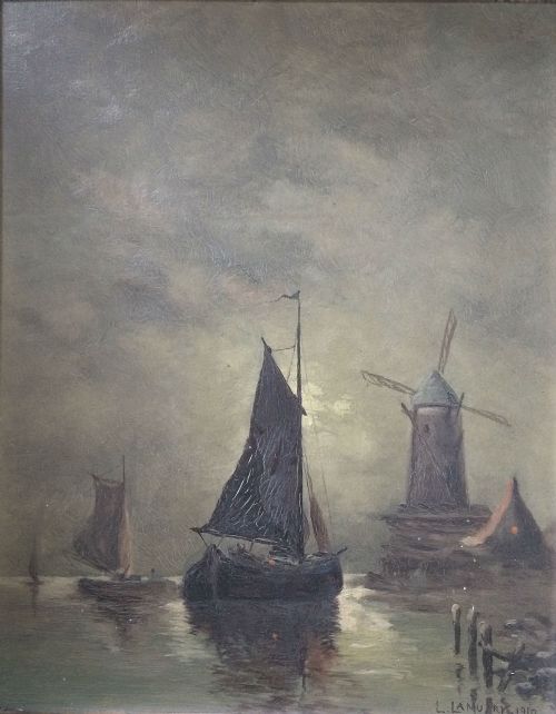 Boats in Moonlight - Antique Oil Painting