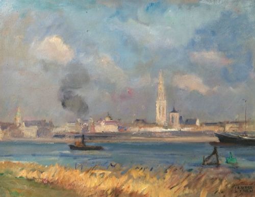 The Port of Antwerp - Antique Oil Painting