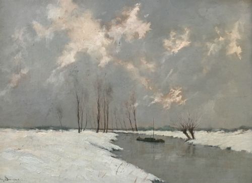 View of a River in Winter - Antique Oil Painting