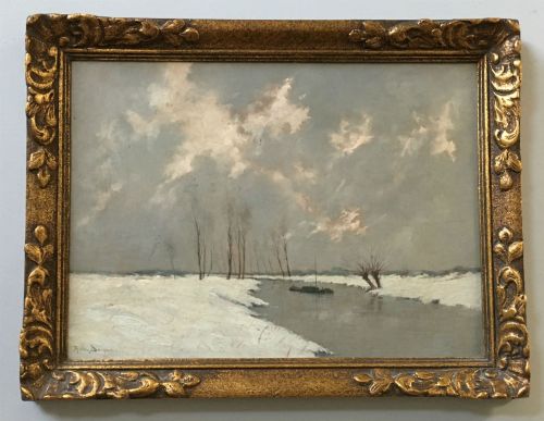 fig 1. View of a River in Winter - Antique Oil Painting