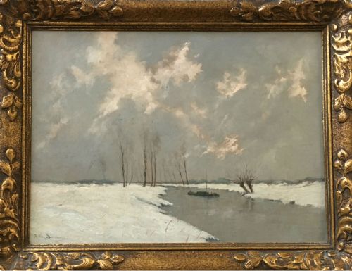 fig 2. View of a River in Winter - Antique Oil Painting