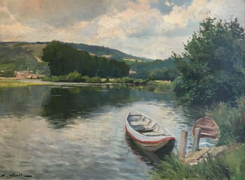 Boats on a River - Antique Oil Painting