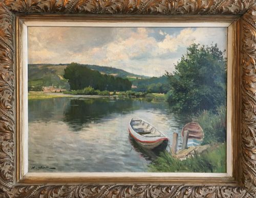 fig 1. Boats on a River - Antique Oil Painting