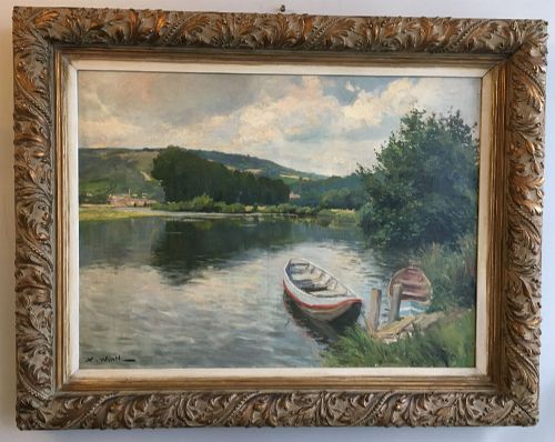 fig 2. Boats on a River - Antique Oil Painting