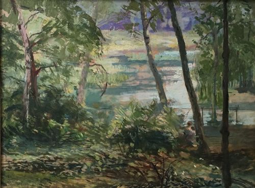 Lady by a Lake - Antique Oil Painting