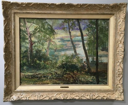fig 1. Lady by a Lake - Antique Oil Painting