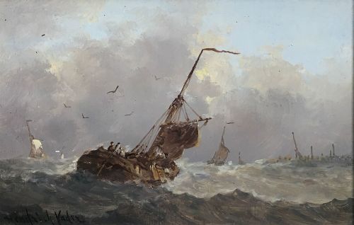 Boats on a Rough Sea - Antique Oil Painting