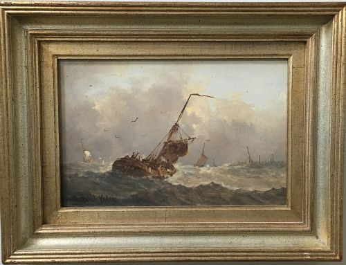 fig 1. Boats on a Rough Sea - Antique Oil Painting