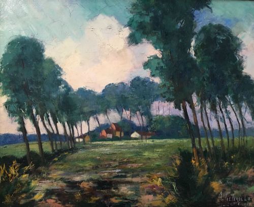View of a Farm - Antique Oil Painting