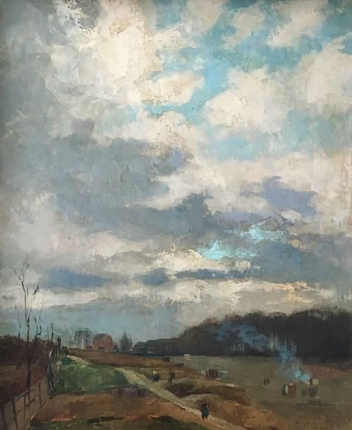 Bonfire at Dusk - Antique Oil Painting