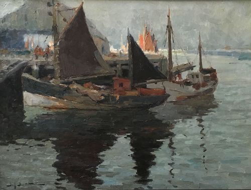 Boats in a Harbour - Antique Oil Painting