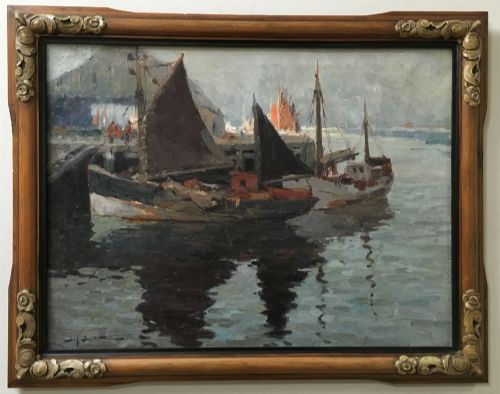 fig 1. Boats in a Harbour - Antique Oil Painting