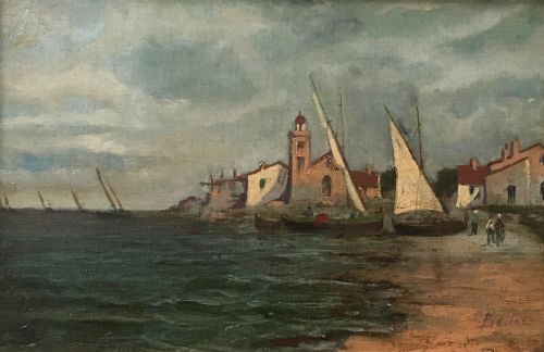 View of a Fishing Village - Oil Painting