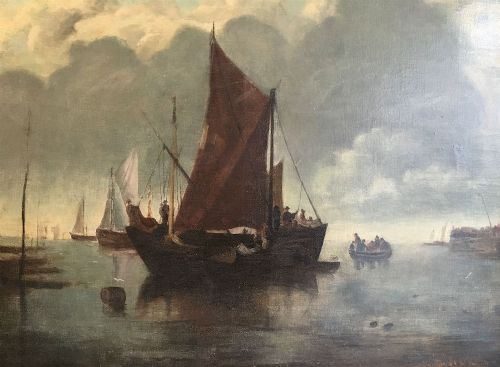Boats in a Harbour -Antique Oil Painting
