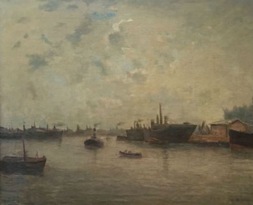 Harbour at Dusk - Antique Oil Painting
