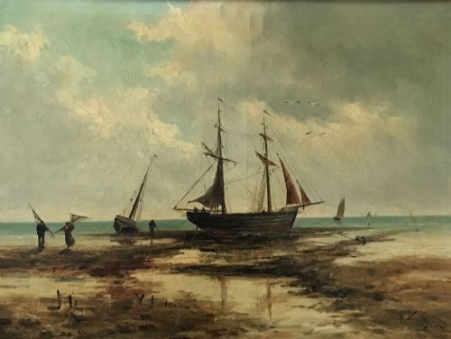 Fishing Boats on a Beach - Antique Oil
