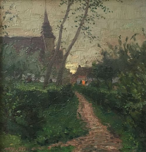 Village in Evening Light - Antique Oil Painting