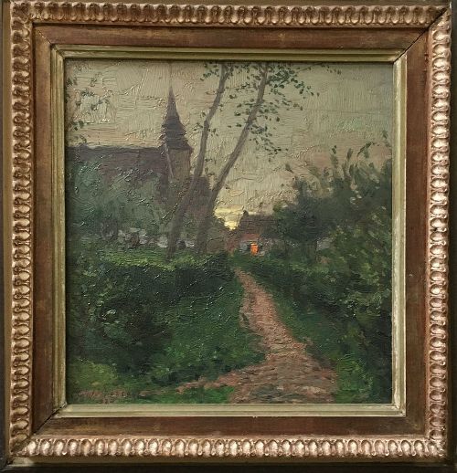 fig 1. Village in Evening Light - Antique Oil Painting