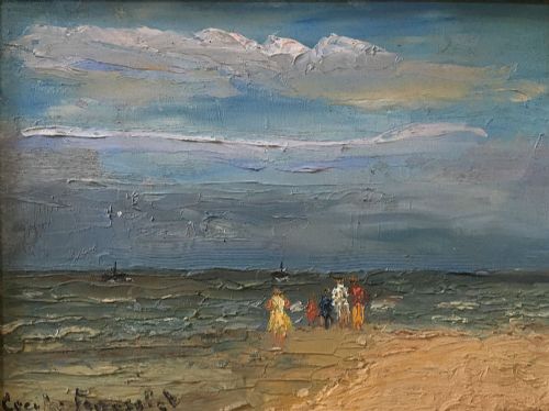 Elegantes Sur La Plage - Antique Oil Painting