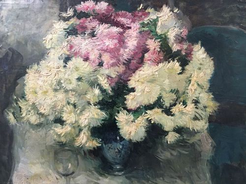 Crysanthemums in a Vase - Antique Oil Painting