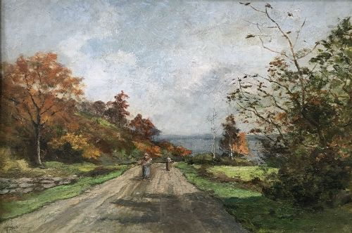 'Women on a Country Road' - 19th Century Oil Painting