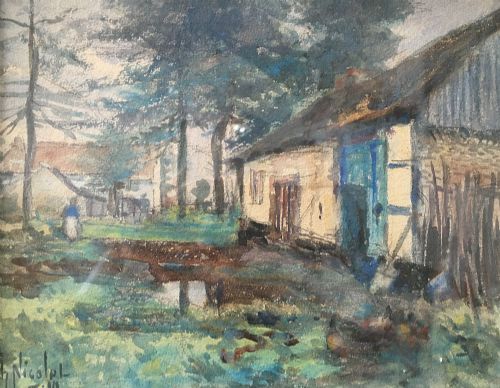 View of a Farm - Antique Watercolour