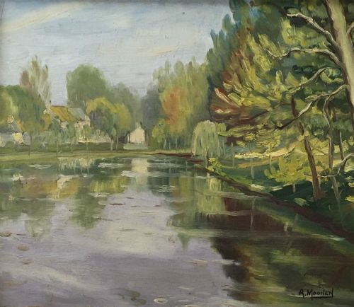 View of a Lake - Antique Oil Painting