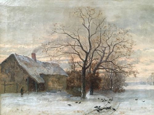 Farmstead in Winter -  Antique Oil Painting