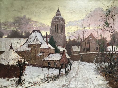 View of a Village in Winter - Antique Oil Painting