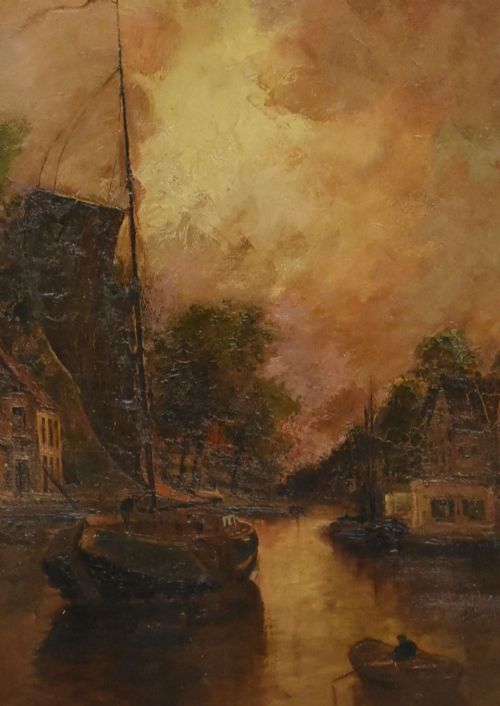 Boat on a Canal - Antique Oil Painting