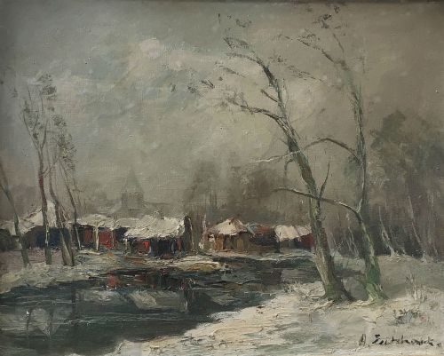 Village in Winter - Antique Oil Painting