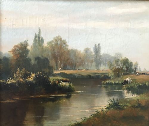 River Landscape - Antique Oil Painting