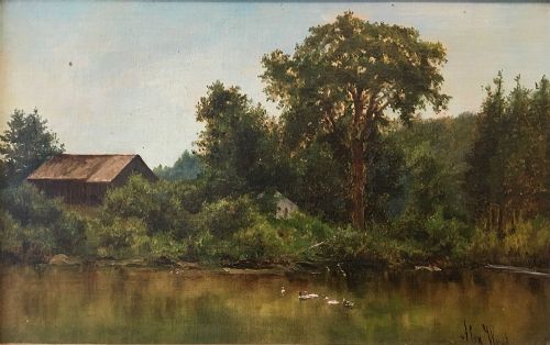Ducks on a River - Antique Oil Painting