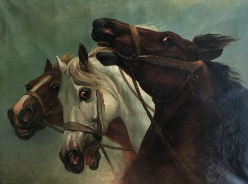 Three Horses - Antique Oil Painting