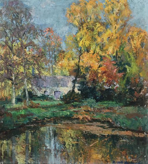 Farmstead in Autumn - Antique Oil Painting