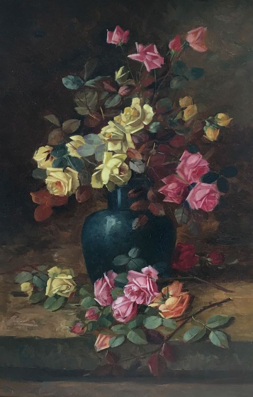 Roses in a Vase - Antique Oiul Painting