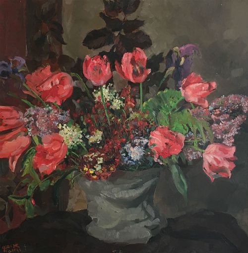 Red Tulips - Antique Oil Painting