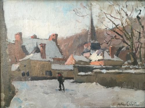 Village in the Snow - Antique Oil Painting