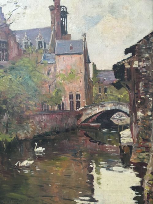 Swans on a Canal - Antique Oil Painting