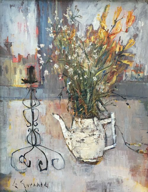 Teapot and Flowers - Antique Oil Painting