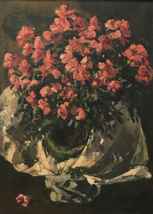 Red Flowers - Antique Oil Painting
