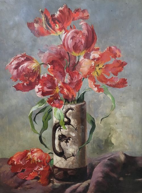 Vase of Red Tulips - Antique Oil Painting