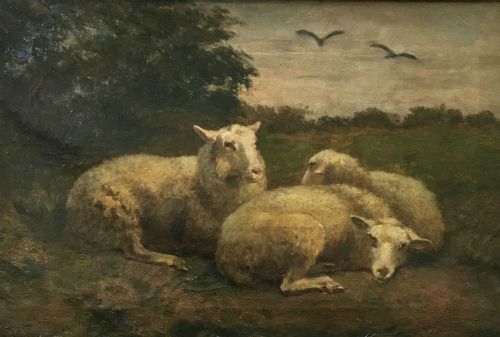 Three Sheep - Antique Oil Painting