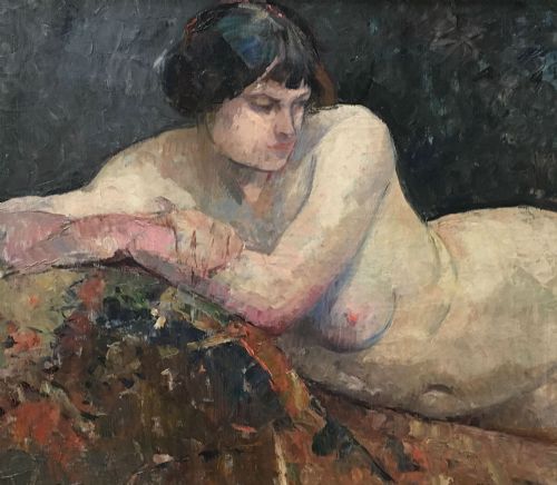 Reclining Female Nude - Antique Oil Painting