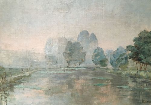View of a Lake - Antique Oil Painting